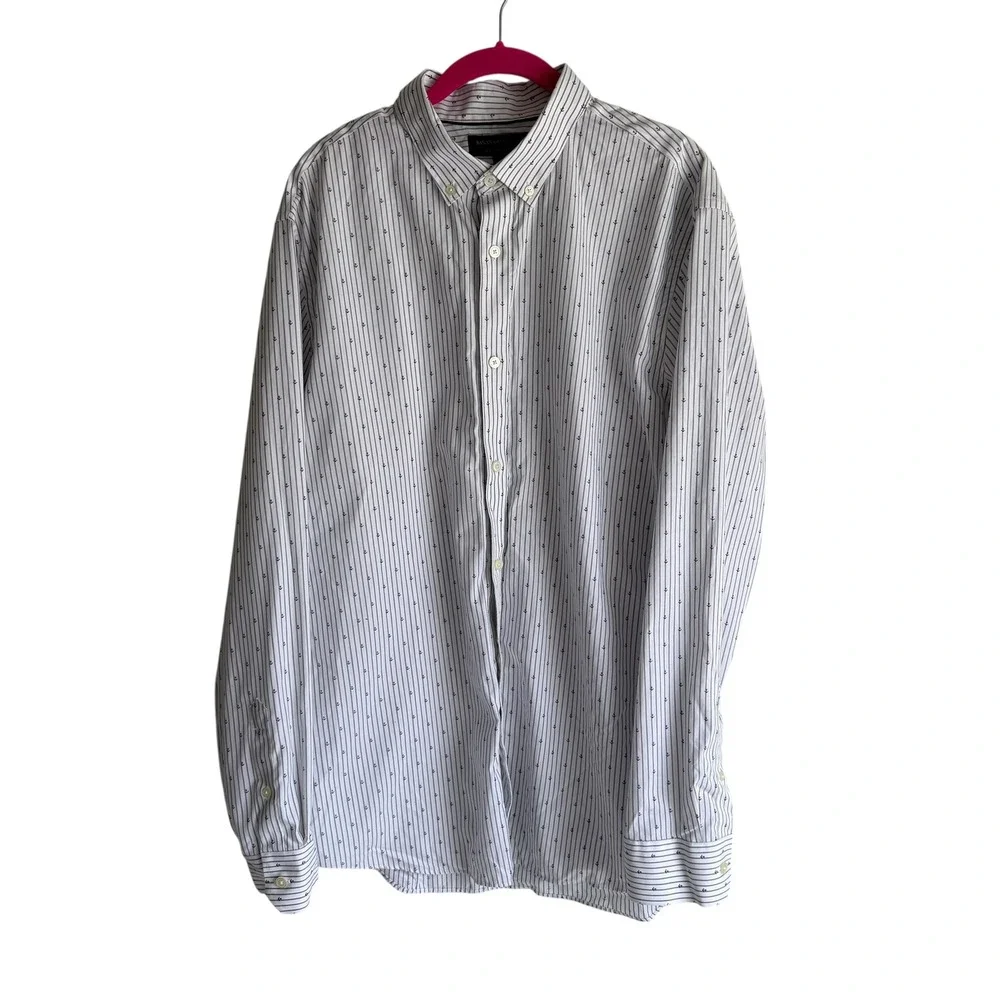 BANANA REPUBLIC White and Navy Anchor Mens Long Sleeve‎ Slim Fit Button Down, XL